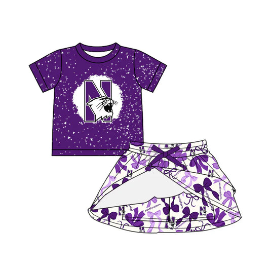 Preorder (moq 5)Baby Girls Purple Short Sleeves N Tiger Top Bows Plaid Skorts Team Set 6.16