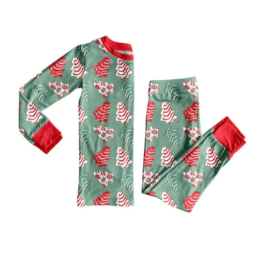 Preorder (moq 5)Baby Girls Red Green Stripe Trees Top Pants Christmas Pajamas Sets 9.4