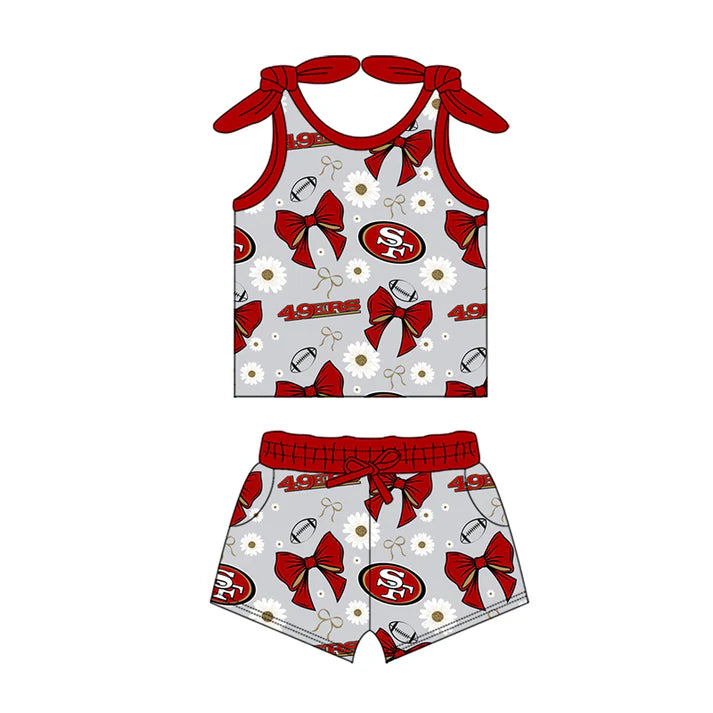 Preorder MOQ 5 pcs sleeveless red bow S F floral kids girls team outfits 8.28