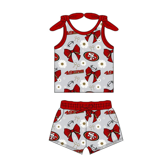 Preorder MOQ 5 pcs sleeveless red bow S F floral kids girls team outfits 8.28