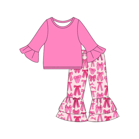 Preorder (moq 5)Baby Girls Pink Long Sleeve Top Bows Ruffle Pants Sets 8.29