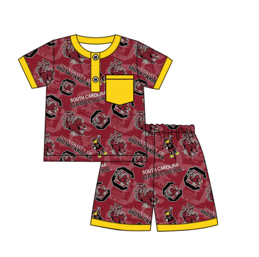 Preorder (moq 5)Baby Boys Short Sleeves Dark Red Gamecocks Bull Button Pocket Top Shorts Team Set 6.17