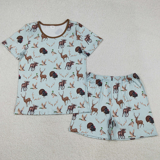 Adult Women Pajamas Turkey Deer Ducks Top Shorts Hunting Pajamas Sets GSSO2711 12.10