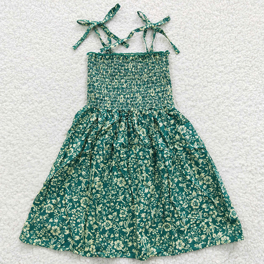 Summer Baby Girls Dress Green Flowers Elastic Knee Length Dresses GSD0369