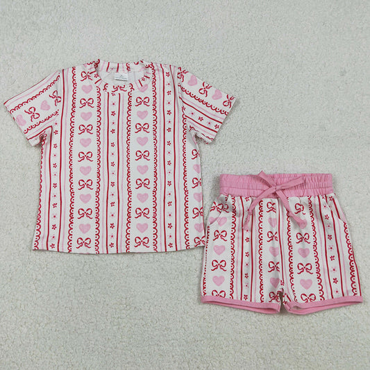 Baby Girls Clothes Pink Bows Hearts Stripe Top Pockets Shorts Valentines Clothes Sets GSSO2738 12.8
