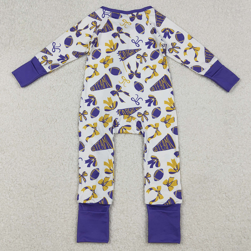Baby Girls Rompers Team Purple Bows Footballs Ruffle Zipper Footie Rompers LR2513 10.1