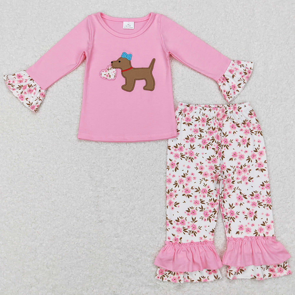 Baby Girls Clothes Valentines Pink Flowers Dog Hearts Top Ruffle Pants Sets