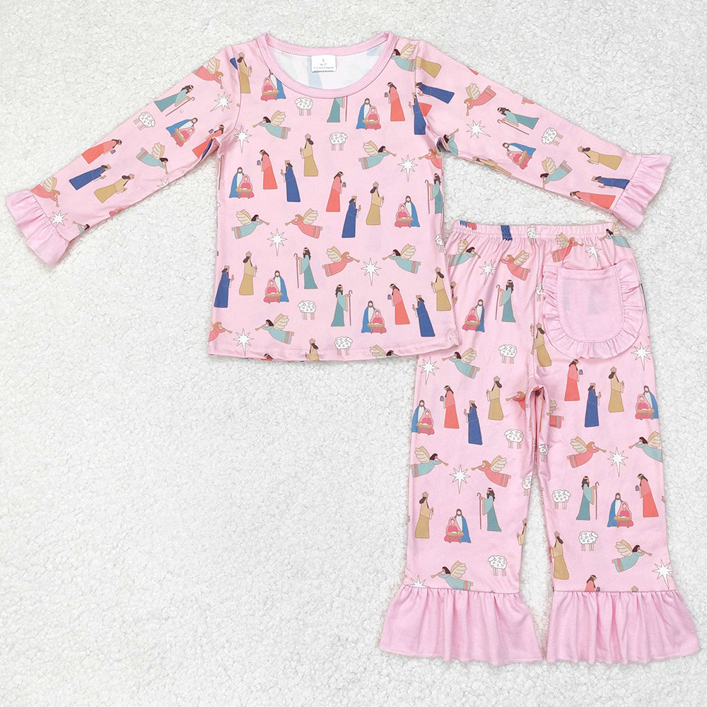 Baby Girls Pajamas Christmas Pink Nativity Shirt Top Ruffle Pants Pajamas Clothes Sets GLP1278