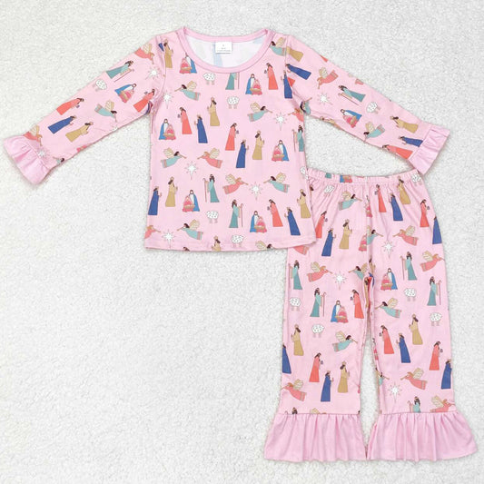 Baby Girls Pajamas Christmas Pink Nativity Shirt Top Ruffle Pants Pajamas Clothes Sets GLP1278