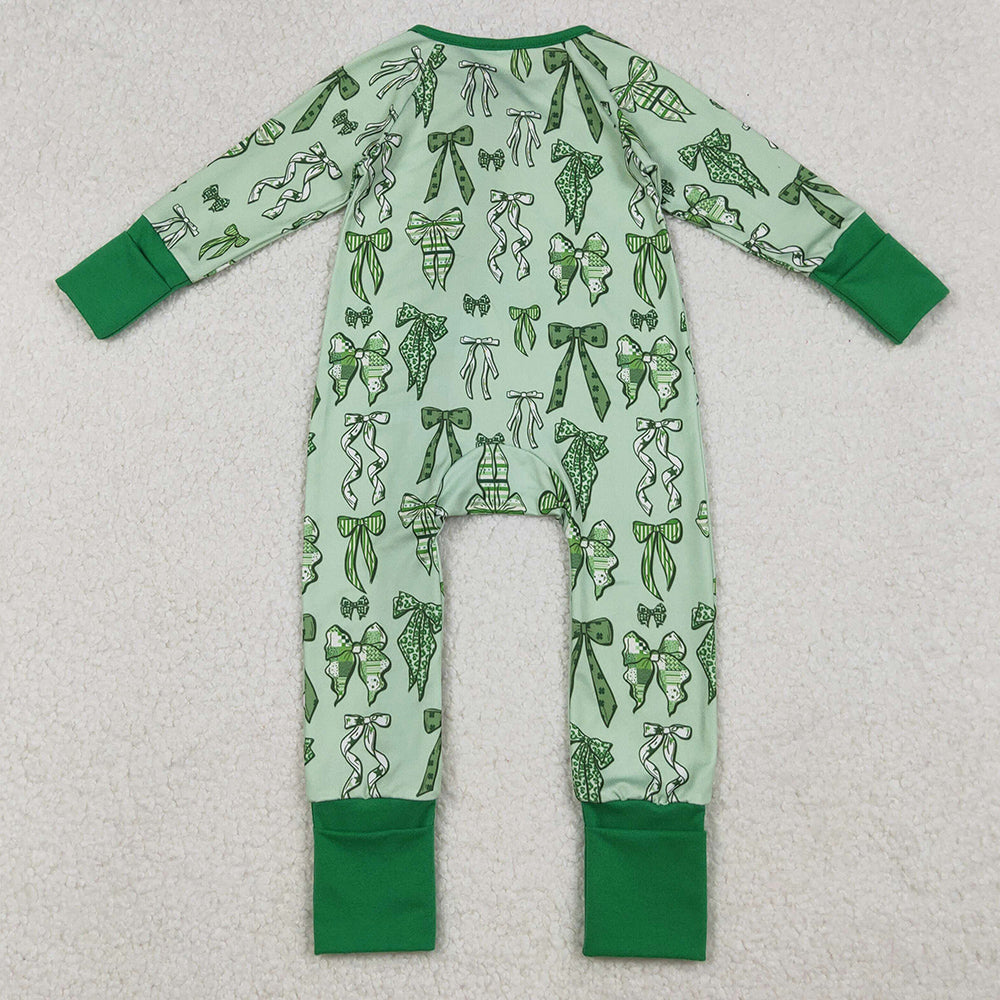 Baby Girls Rompers Green Clover Bows St Patrick Zipper Footie Rompers LR2654 10.2