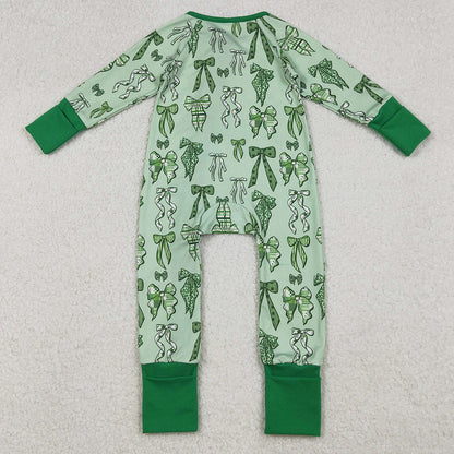Baby Girls Rompers Green Clover Bows St Patrick Zipper Footie Rompers LR2654 10.2