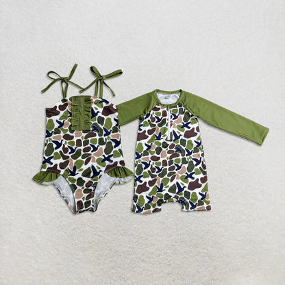 Sibling Baby Kids Green Brown Ducks Camo Hunting Romper Swimsuits