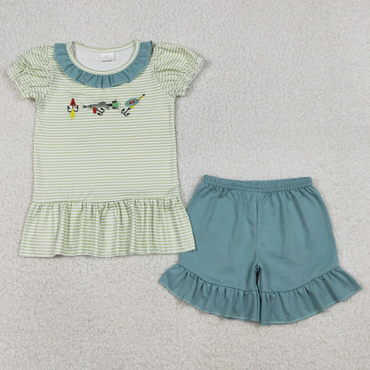 Baby Girls Clothes Embroidery Fishing Stripe Collar Tunic Ruffle Shorts Hunting Clothes Sets 12.22