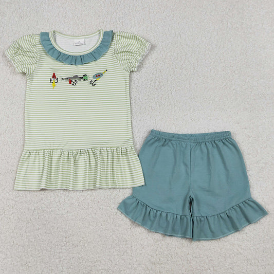 Baby Girls Clothes Embroidery Fishing Stripe Collar Tunic Ruffle Shorts Hunting Clothes Sets 12.22