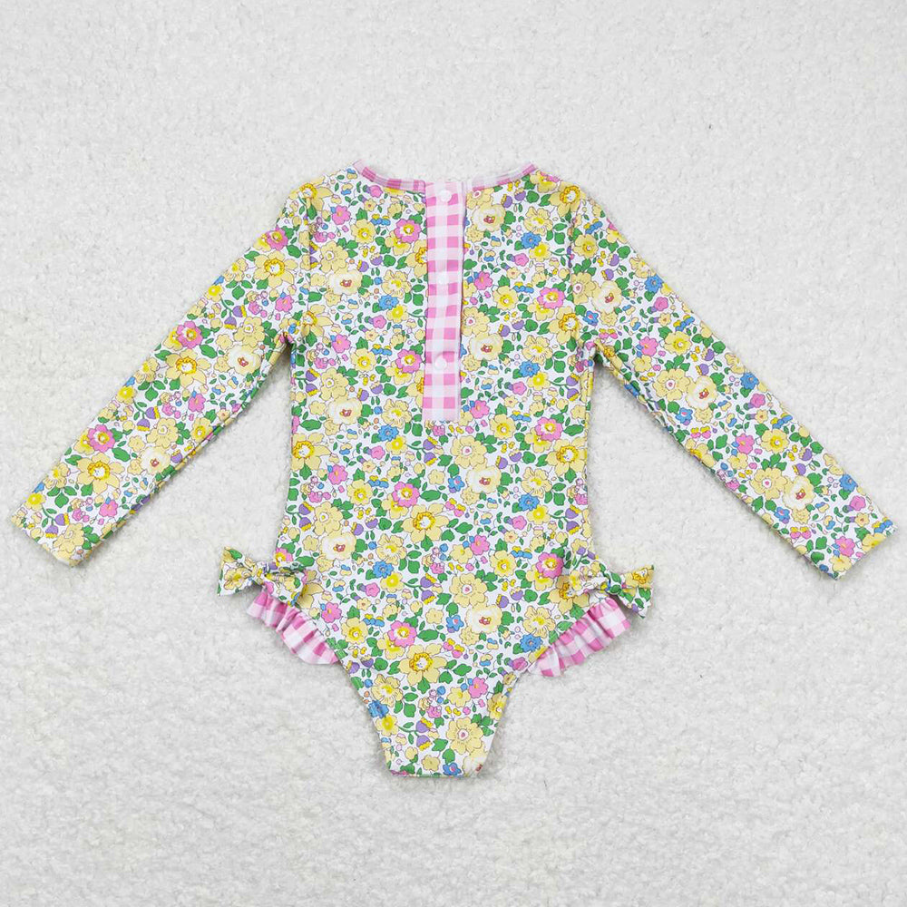 Baby Girls Swimsuits Summer Long Sleeve Flowers Bows One Piece Swimsuits S0191