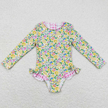 Baby Girls Swimsuits Summer Long Sleeve Flowers Bows One Piece Swimsuits S0191