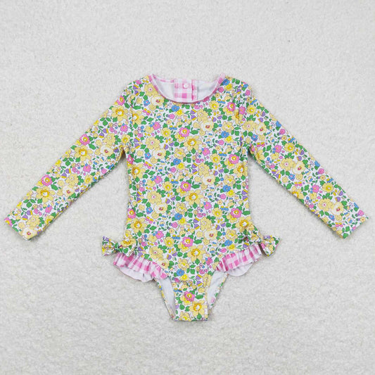 Baby Girls Swimsuits Summer Long Sleeve Flowers Bows One Piece Swimsuits S0191