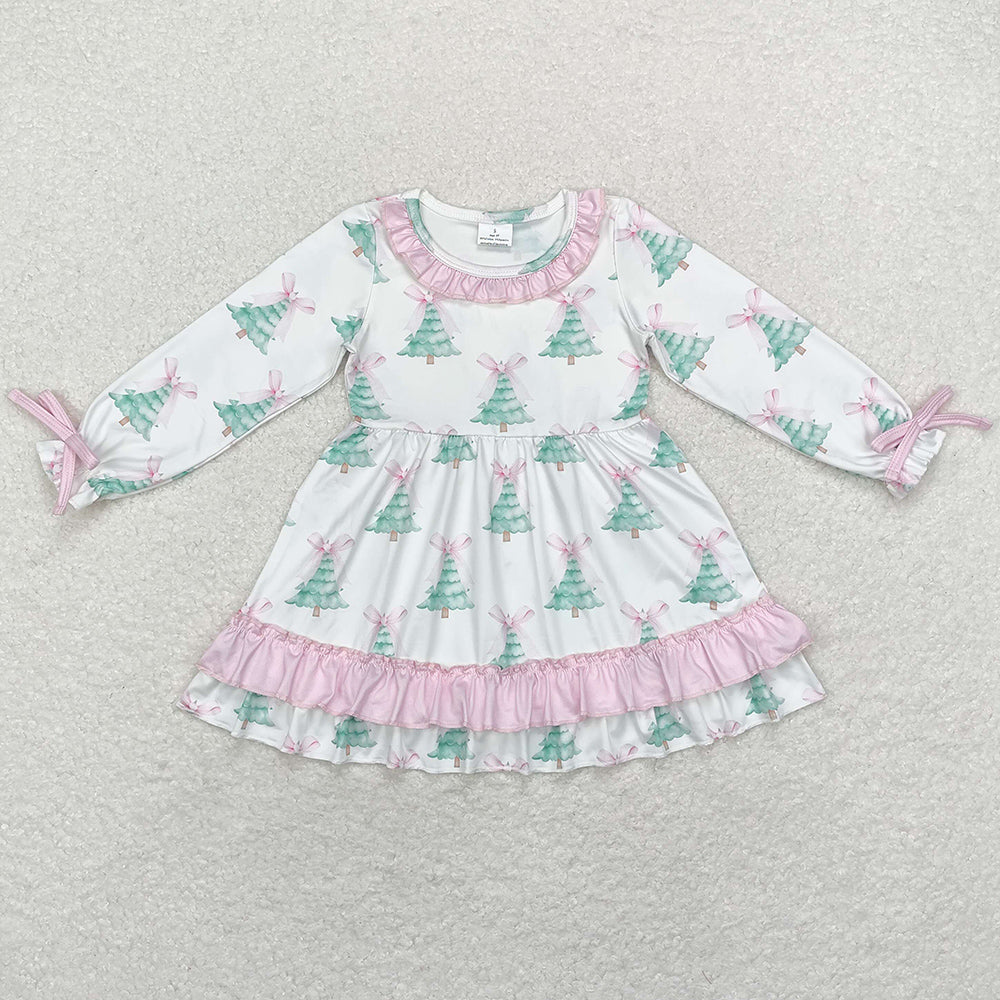 Baby Girls Dress Christmas Tree Pink Bows Ruffle Knee Length Dresses GLD0740