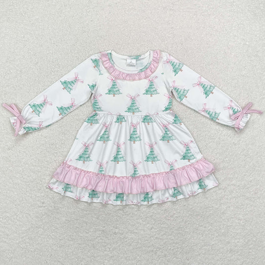 Baby Girls Dress Christmas Tree Pink Bows Ruffle Knee Length Dresses GLD0740