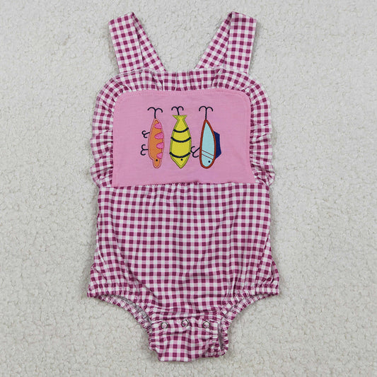 Baby Girls Embroidery Fishing Pink Checked Strap Checked Hunting Ruffle Rompers SR3414 12.8