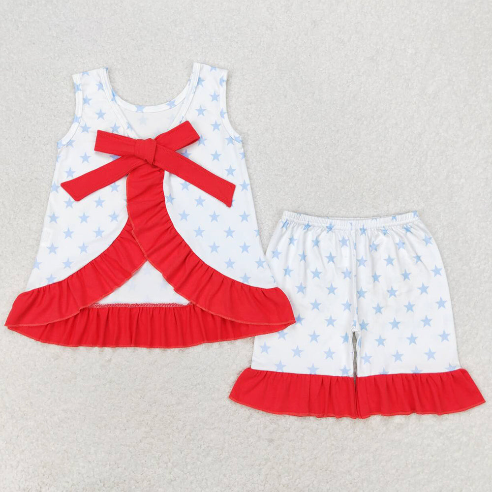 Baby Girls Clothes July 4th Stars Bows Tunic Ruffle Shorts Clothes Sets GSSO1217