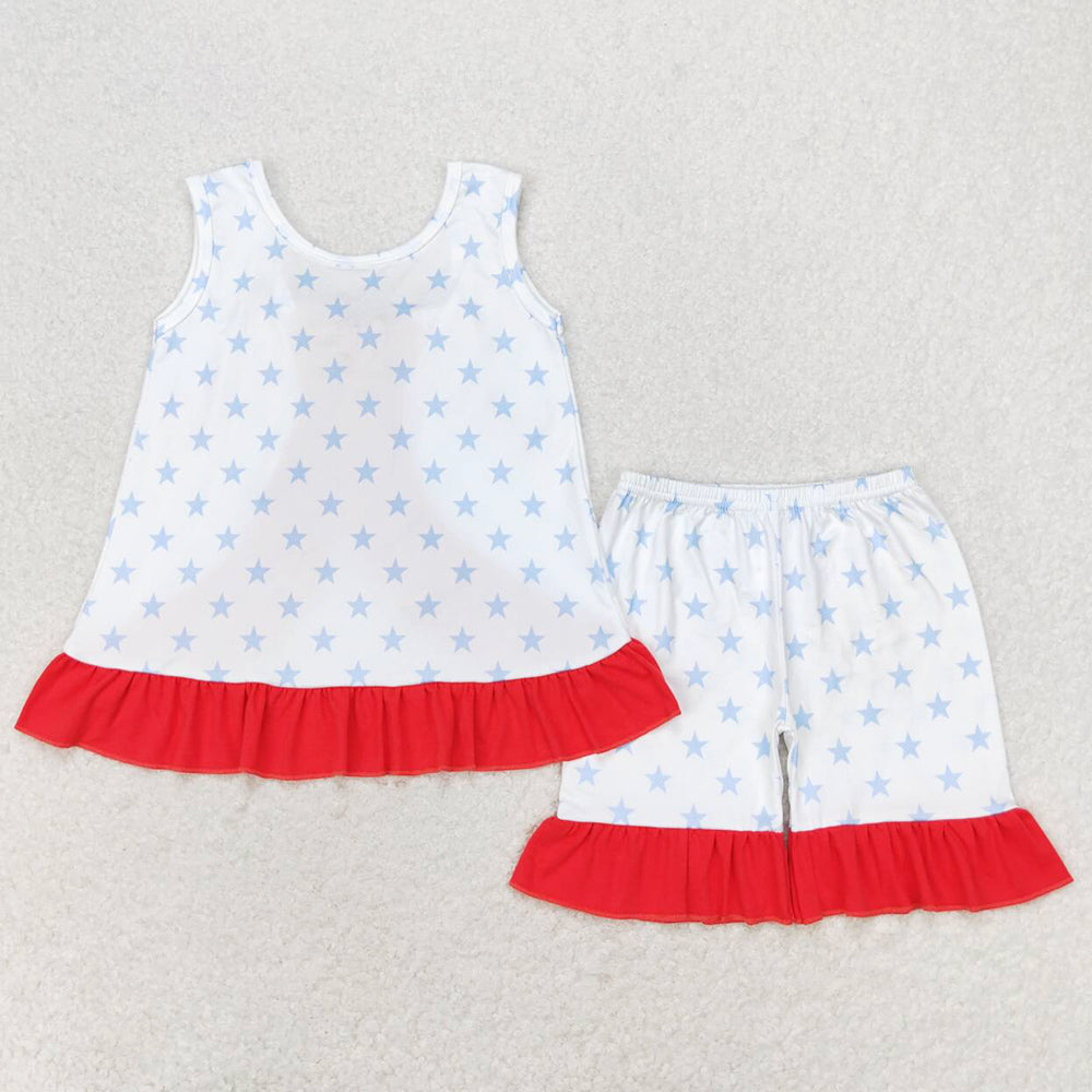 Baby Girls Clothes July 4th Stars Bows Tunic Ruffle Shorts Clothes Sets GSSO1217