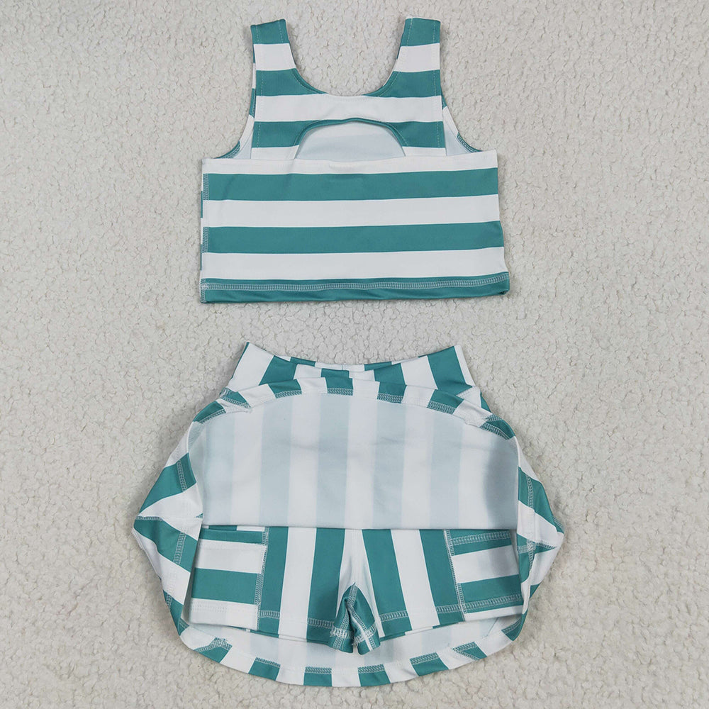 Baby Girls Clothes Sleeveless Green Stripe Top Skort Yoga Sets GSD2432 5.10