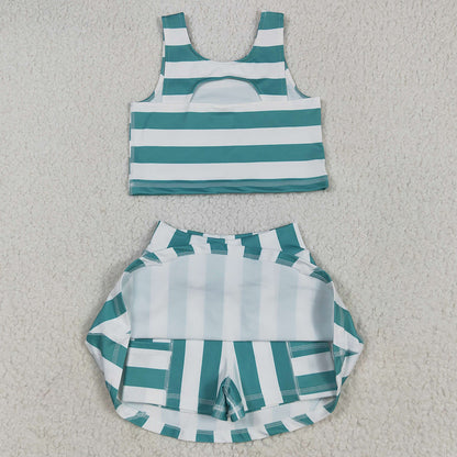 Baby Girls Clothes Sleeveless Green Stripe Top Skort Yoga Sets GSD2432 5.10