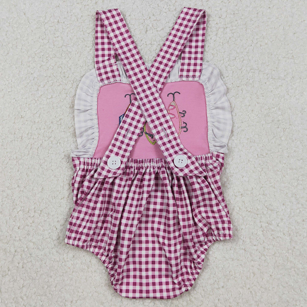 Baby Girls Embroidery Fishing Pink Checked Strap Checked Hunting Ruffle Rompers SR3414 12.8
