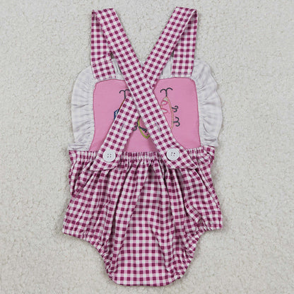 Baby Girls Embroidery Fishing Pink Checked Strap Checked Hunting Ruffle Rompers SR3414 12.8