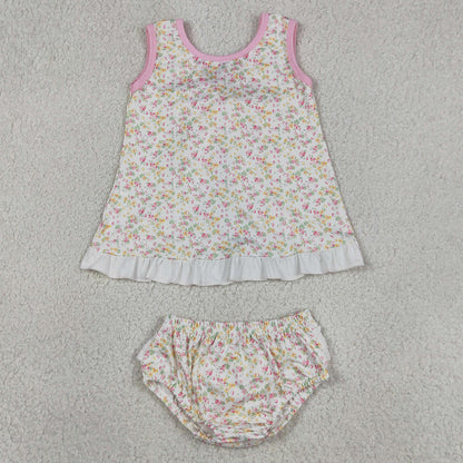 Baby Girls Clothes Sleeveless Colorful Flowers Back Bow Tunic Bummies Clothes Sets GBO0518