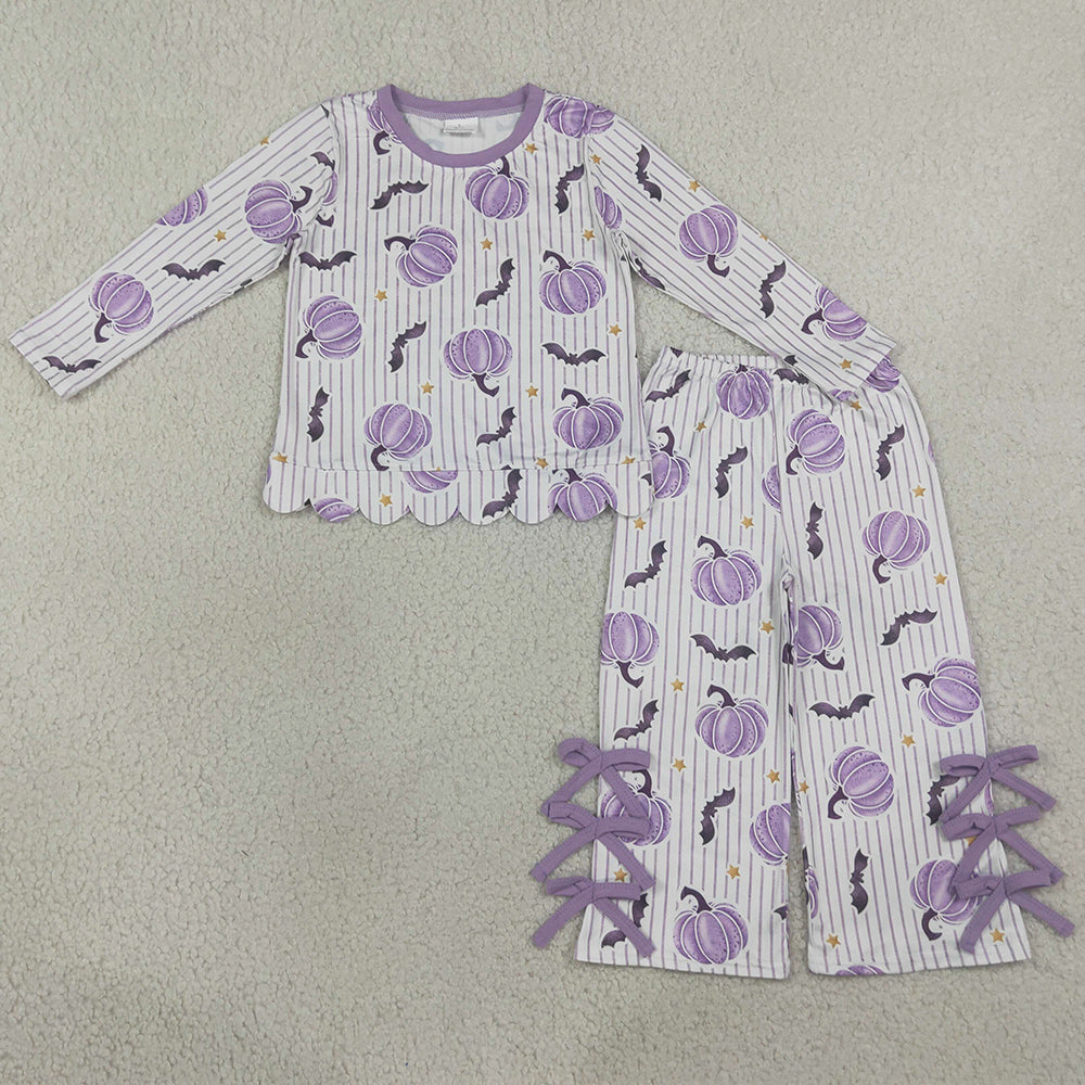 Baby Girls Clothes Bats Pumpkins Stripe Scallop Top Bows Pants Halloween Clothes Set GLP3438
