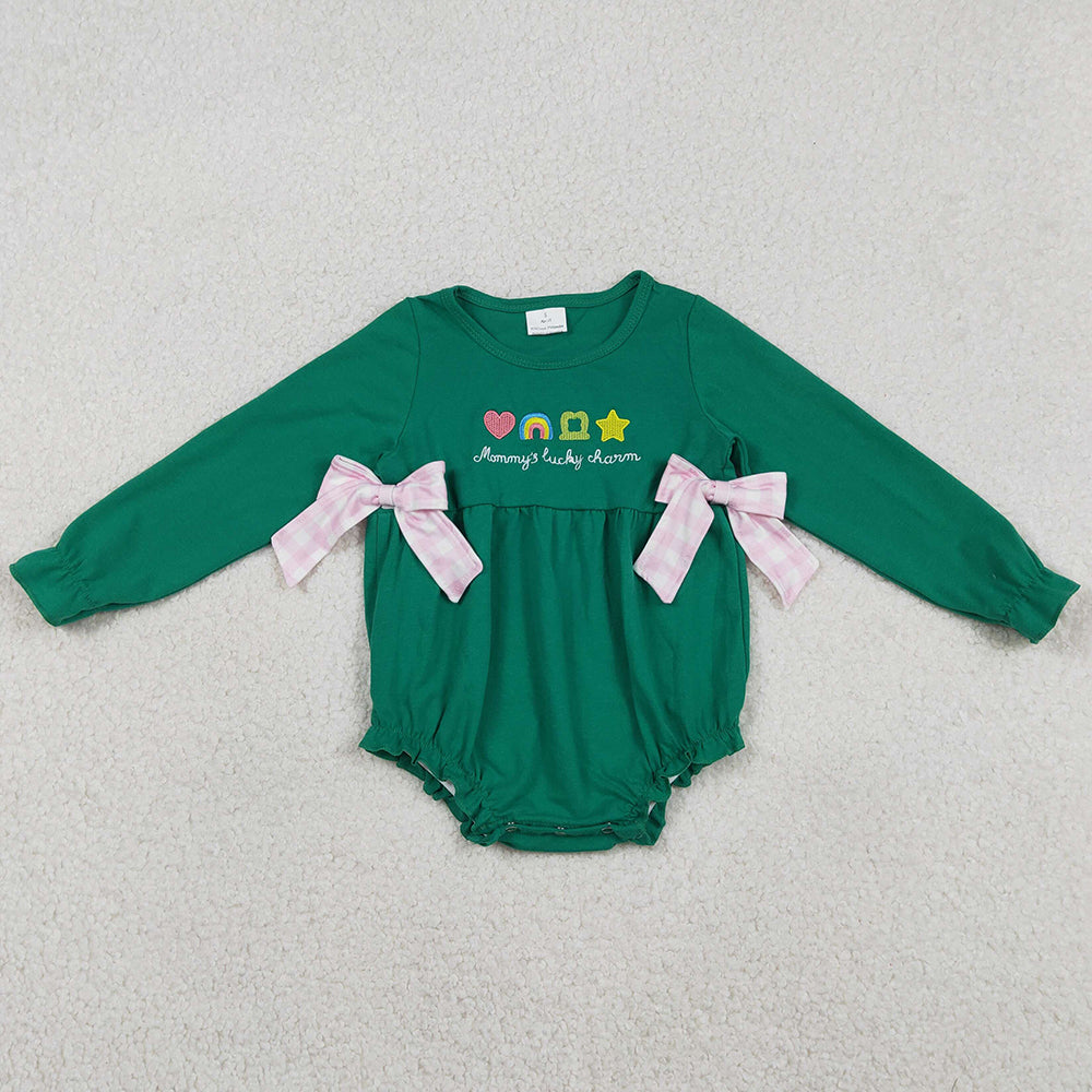 Baby Girls Rompers Embroidery Clovers Green Long Sleeve St Patrick Bows Ruffle Rompers LR2839 12.23