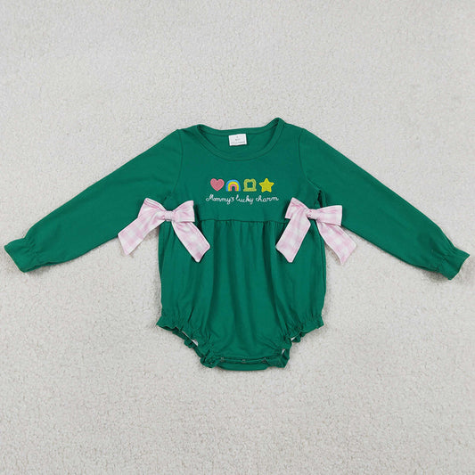 Baby Girls Rompers Embroidery Clovers Green Long Sleeve St Patrick Bows Ruffle Rompers LR2839 12.23