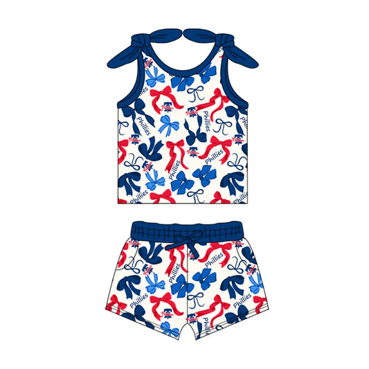 Preorder MOQ 5 pcs sleeveless blue P bow top shorts girls team clothes 8.26