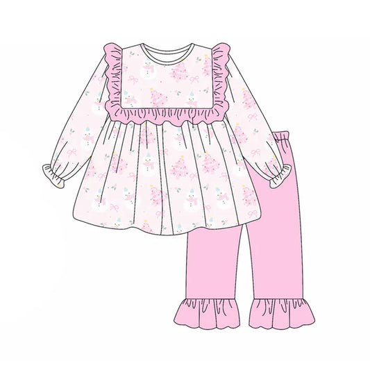 Preorder (moq 5)Baby Girls Long Sleeves Pink Bows Trees Tunic Ruffle Pant Set 5.21
