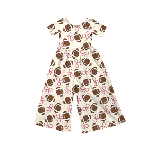 Preorder (moq 5)Baby Girls Short Sleeve Pink Bows Footballs Plaid Team Jumpsuits 12.6