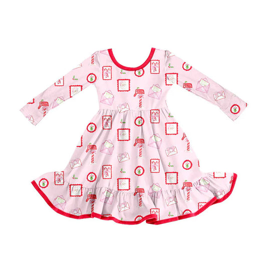 Preorder (moq 8)Baby Girls Santa Letters Christmas Ruffle Knee Length Dresses 9.11