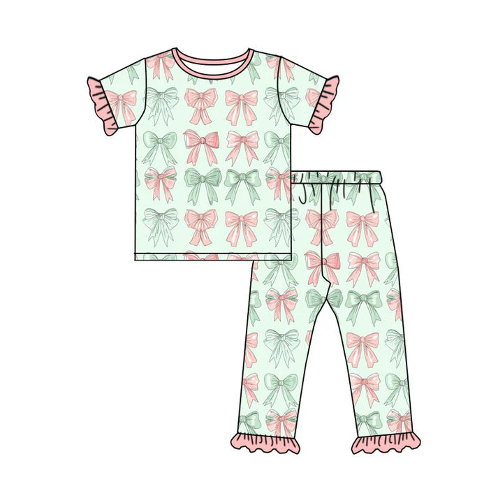 Preorder(moq 8)Baby Girls Pink Green Bows Stripe Top Ruffle Pants Pajamas Sets 9.26