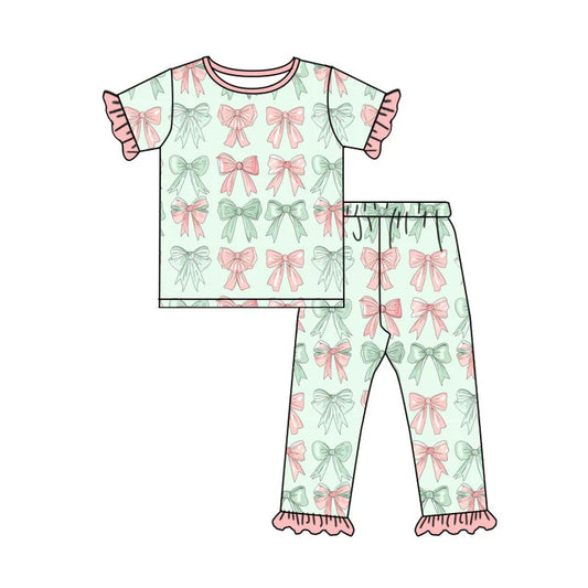 Preorder(moq 8)Baby Girls Pink Green Bows Stripe Top Ruffle Pants Pajamas Sets 9.26
