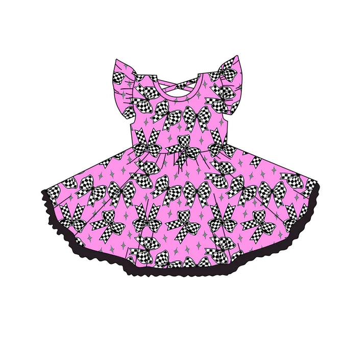 Preorder (moq 5)Baby Girls Pink Flutter Sleeves Plaid Bows Stars Knee Length Dress 5.14