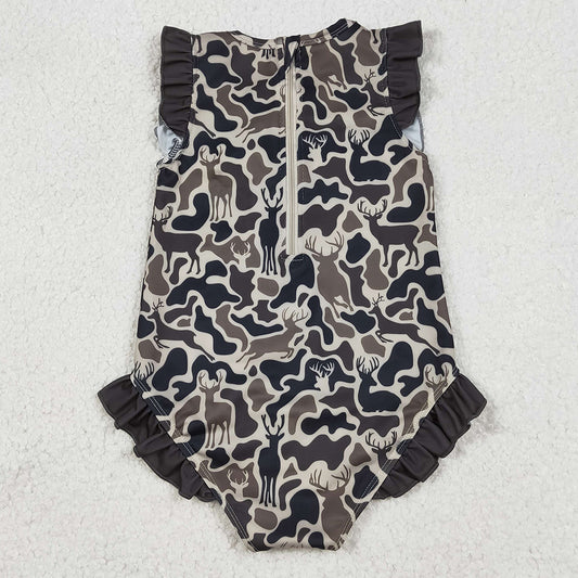Baby Girls Swimsuits Southern Dark Brown Deer Camo Zipper Ruffle Swimsuits S0597 12.20