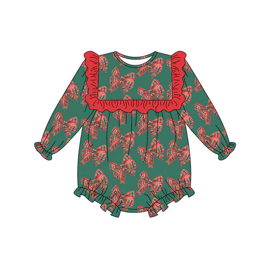 Preorder (moq 5)Baby Girls Long Sleeves Green Red Plaid Bows Plaid Ruffle Romper 7.3