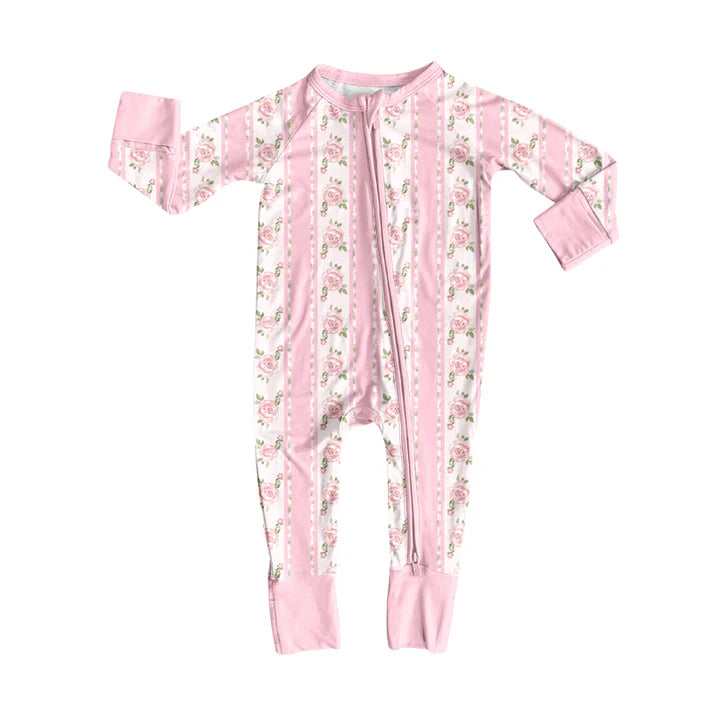 Preorder(moq 5)Baby Infant Girls Long Sleeves Pink Flowers Stripe Zipper Rompers 7.31