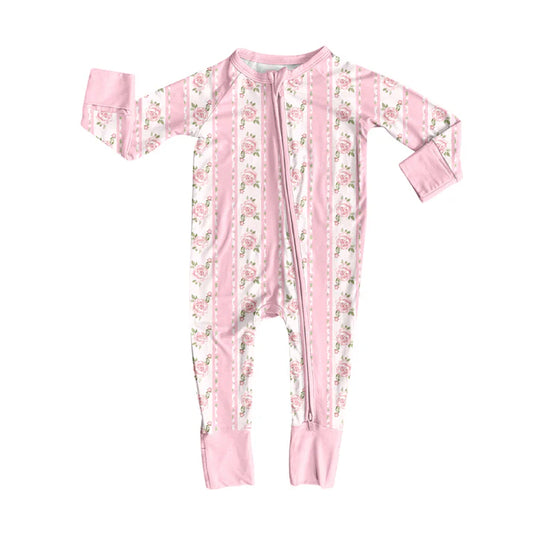 Preorder(moq 5)Baby Infant Girls Long Sleeves Pink Flowers Stripe Zipper Rompers 7.31