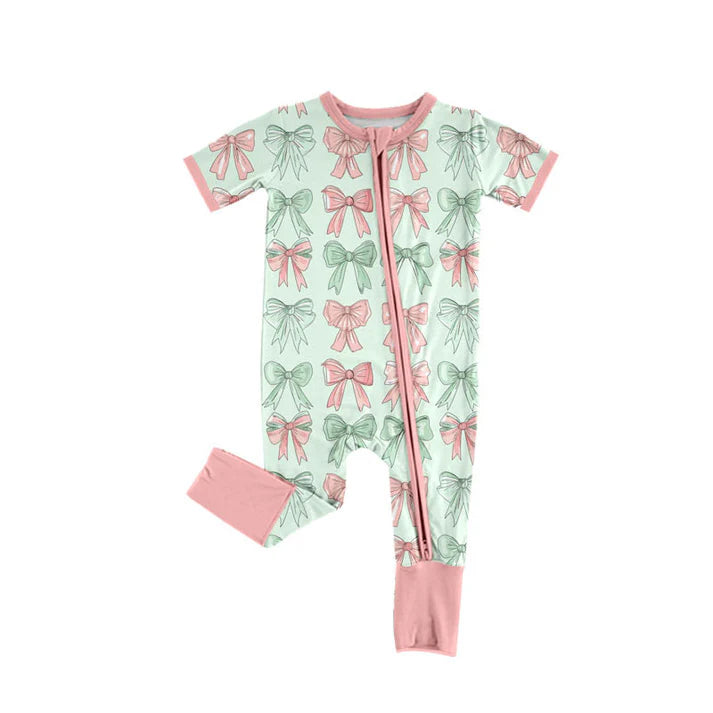 Preorder (moq 8)Baby Girls Pink Green Bows Stripe Zipper Footie Rompers 9.26