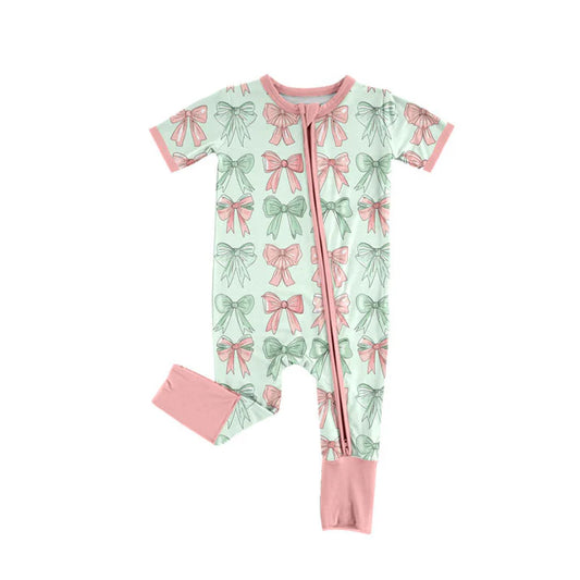 Preorder (moq 8)Baby Girls Pink Green Bows Stripe Zipper Footie Rompers 9.26