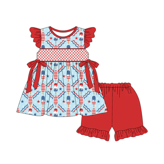 Preorder (moq 5)Baby Girls Red Flutter Sleeves Stars Popsicle Bows Tunic Ruffle Short 4th Of July Sets 5.15