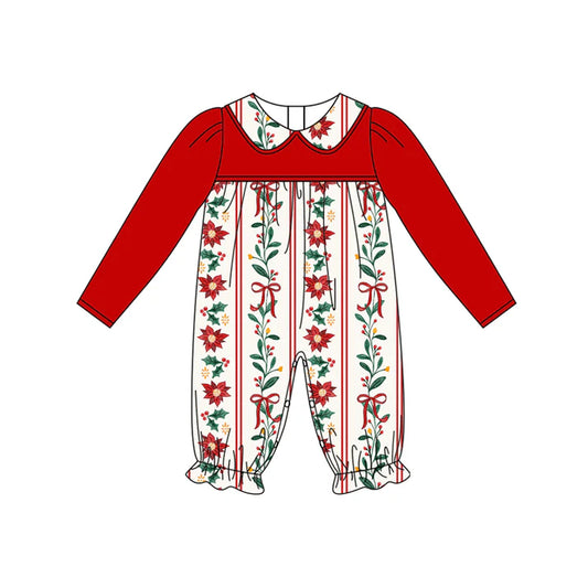 Preorder (moq 5)Baby Girls Red Long Sleeves Flowers Bows Stripe Ruffle Pant Rompers 6.13