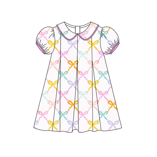 Preorder (moq 5)Baby Girls Short Ruffle Sleeves Colorful Bows Knee Length Dress 4.26